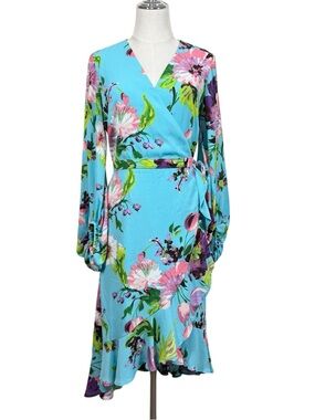 NY&Co Floral Ruffle Midi Wrap Dress Size S Feminine Colorful Brunch Church NWT